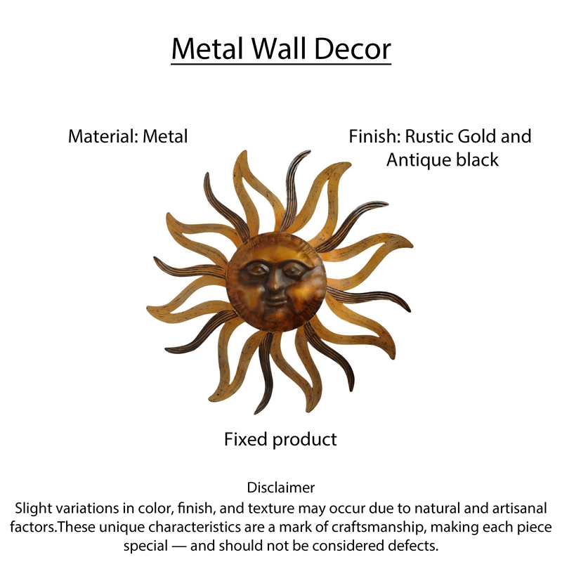 35 Inch Round Wall Mounted Sun Face Accent Decor- Carved Rustic Gold