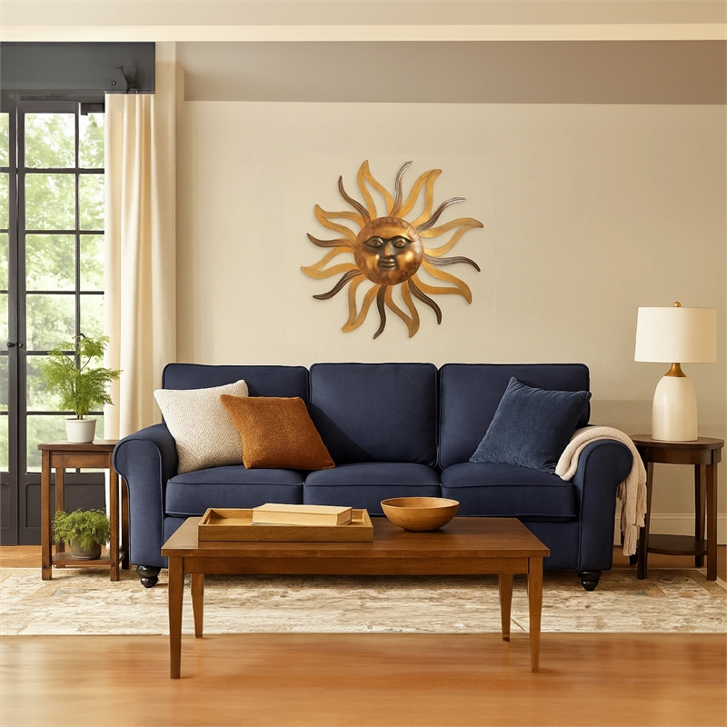 35 Inch Round Wall Mounted Sun Face Accent Decor- Carved Rustic Gold