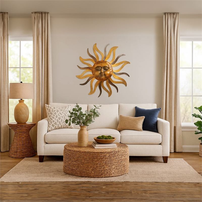 35 Inch Round Wall Mounted Sun Face Accent Decor- Carved Rustic Gold