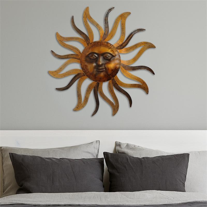 35 Inch Round Wall Mounted Sun Face Accent Decor- Carved Rustic Gold