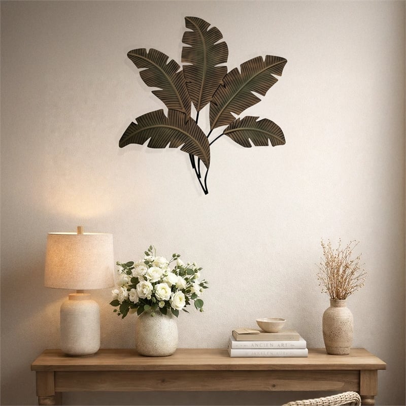 35 Inch Tropical Metal Palm Leaf Wall Mount Accent Decor- Brushed Green- Yellow