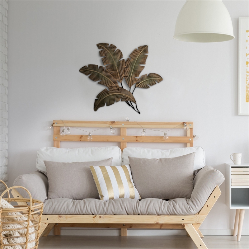 35 Inch Tropical Metal Palm Leaf Wall Mount Accent Decor- Brushed Green- Yellow
