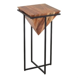 Ida 30 Inch Pyramid Shape Acacia Wood Side Table With Cross Iron Base- Brown