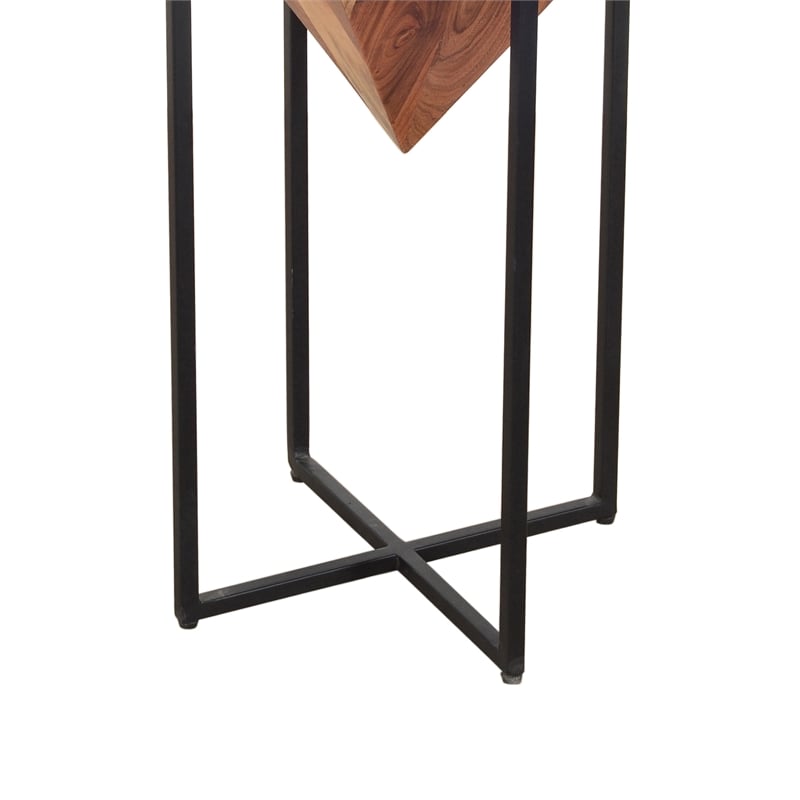 Ida 26 Inch Pyramid Shape Acacia Wood Side End Table With Cross Iron Base- Brown