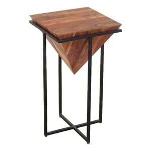 Ida 26 Inch Pyramid Shape Acacia Wood Side End Table With Cross Iron Base- Brown