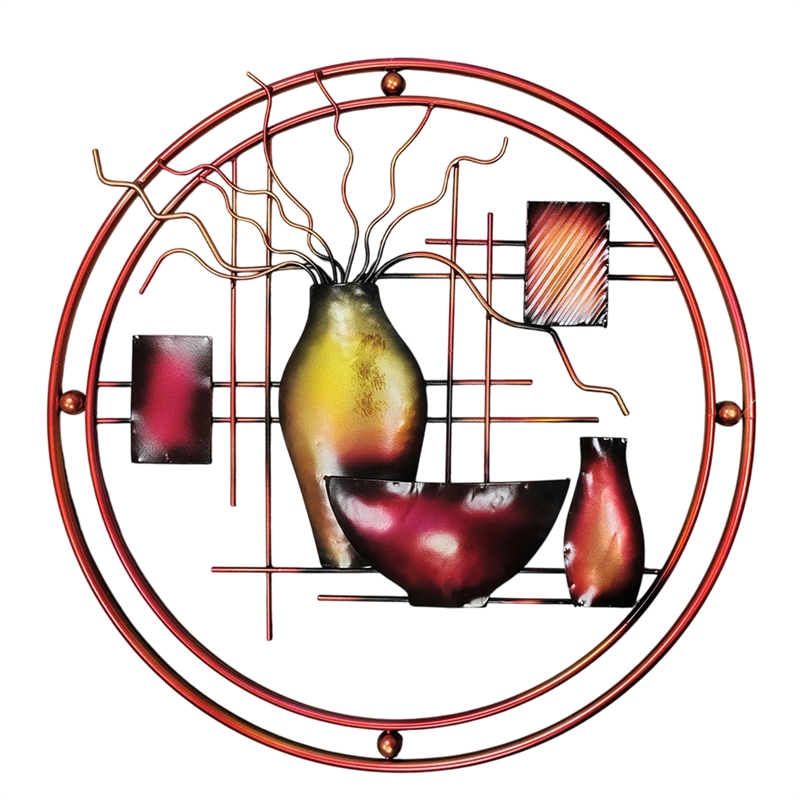22 Inch Round Metal Wall Decor With Vase- Multicolor