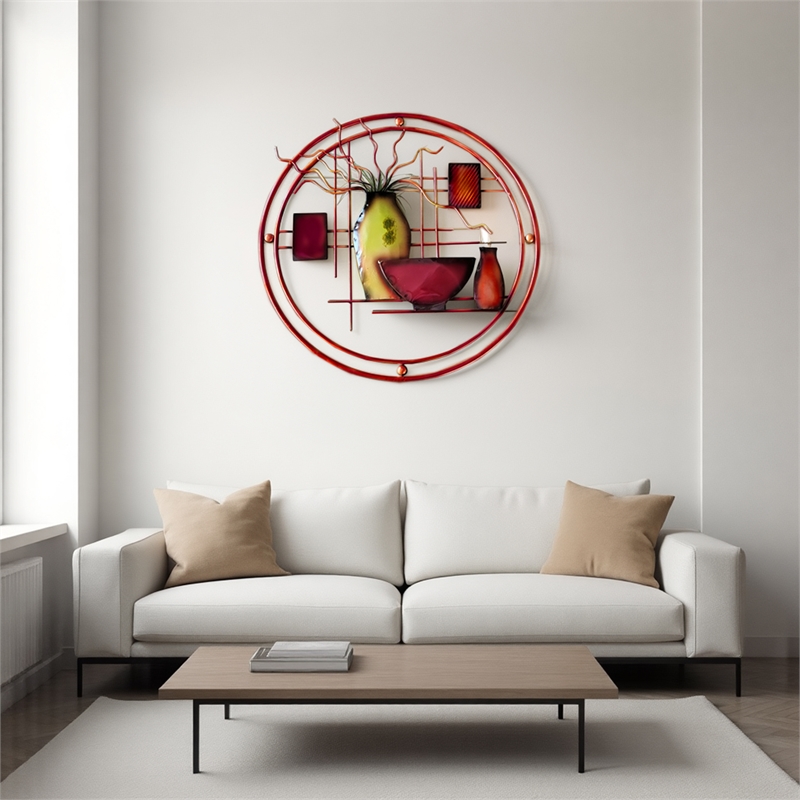 22 Inch Round Metal Wall Decor With Vase- Multicolor