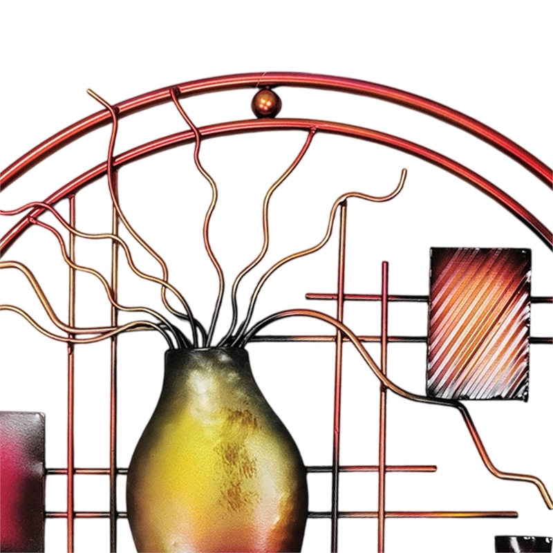 22 Inch Round Metal Wall Decor With Vase- Multicolor