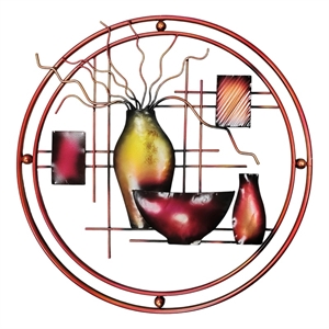 22 Inch Round Metal Wall Decor With Vase- Multicolor