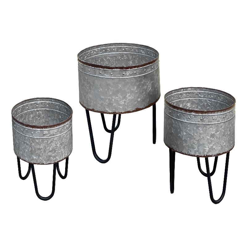 Galvanized Sheet Planter Tubs- Iron Powder Coated Hairpin Legs- Set of 3- Gray