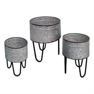 Galvanized Sheet Planter Tubs- Iron Powder Coated Hairpin Legs- Set of 3- Gray