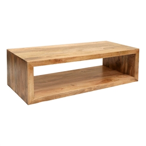 Keli 58 Inch Mango Wood Coffee Table- Open Cube- 1 Shelf- Natural Brown