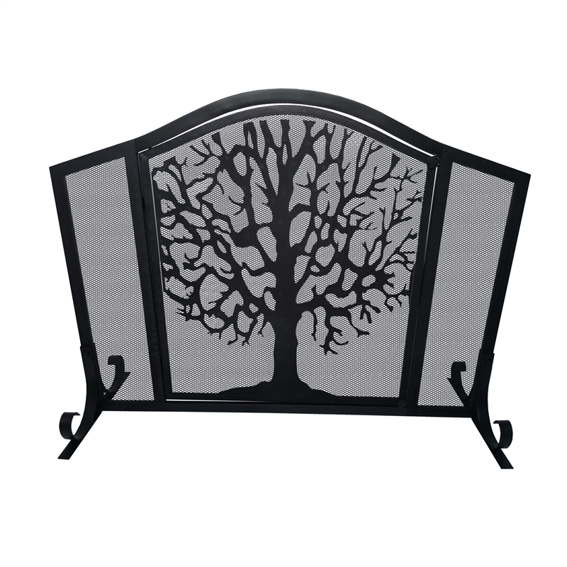 43 Inches 3 Panel Iron Fireplace Screen- Mesh Design-Arched Top-Tree of Life Art