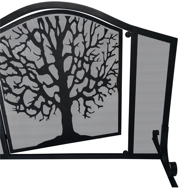 43 Inches 3 Panel Iron Fireplace Screen- Mesh Design-Arched Top-Tree of Life Art