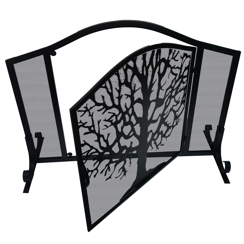 43 Inches 3 Panel Iron Fireplace Screen- Mesh Design-Arched Top-Tree of Life Art