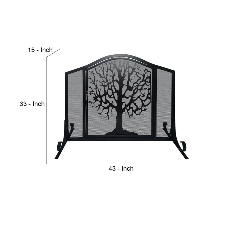 43 Inches 3 Panel Iron Fireplace Screen- Mesh Design-Arched Top-Tree of Life Art