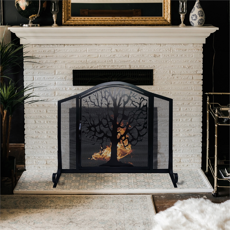 43 Inches 3 Panel Iron Fireplace Screen- Mesh Design-Arched Top-Tree of Life Art