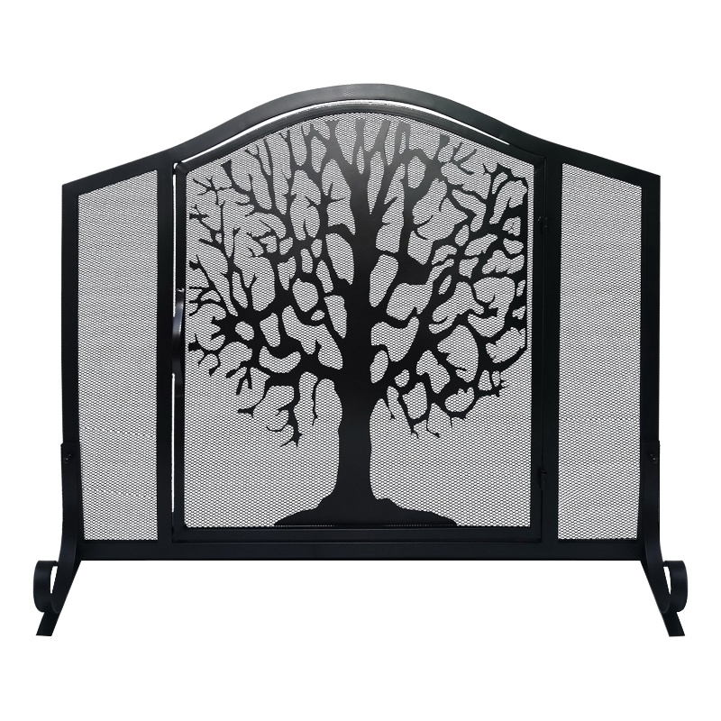 43 Inches 3 Panel Iron Fireplace Screen- Mesh Design-Arched Top-Tree of Life Art
