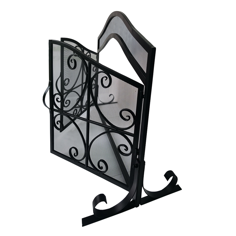 43 Inches 2 Door Iron Fireplace Screen- Mesh Design- Scrollwork- Black