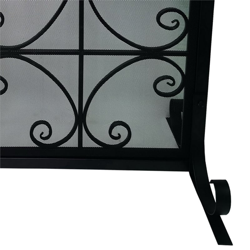 43 Inches 2 Door Iron Fireplace Screen- Mesh Design- Scrollwork- Black