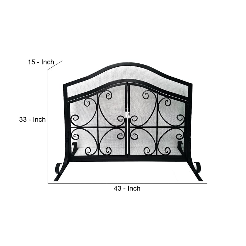 43 Inches 2 Door Iron Fireplace Screen- Mesh Design- Scrollwork- Black