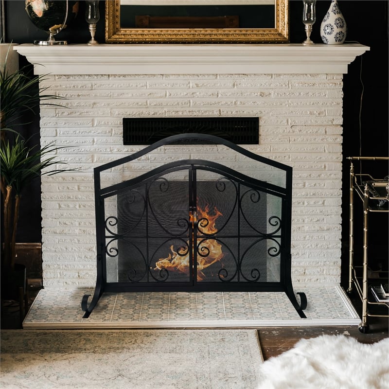 43 Inches 2 Door Iron Fireplace Screen- Mesh Design- Scrollwork- Black