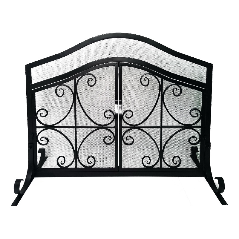 43 Inches 2 Door Iron Fireplace Screen- Mesh Design- Scrollwork- Black