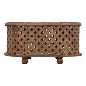 36 Inch Handcrafted Oval Coffee Table- Intricate Cutout Design- Antique Brown