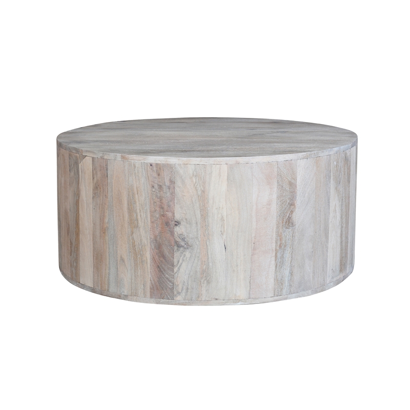 36 Inch Coffee Table- Handcrafted Drum Shape- Washed White Mango Wood
