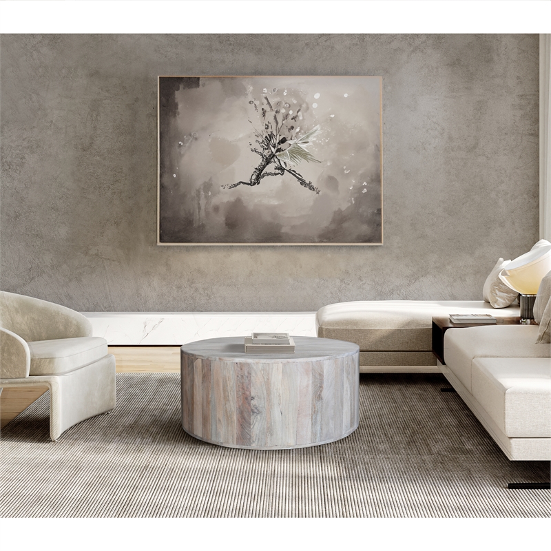 36 Inch Coffee Table- Handcrafted Drum Shape- Washed White Mango Wood