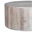 36 Inch Coffee Table- Handcrafted Drum Shape- Washed White Mango Wood