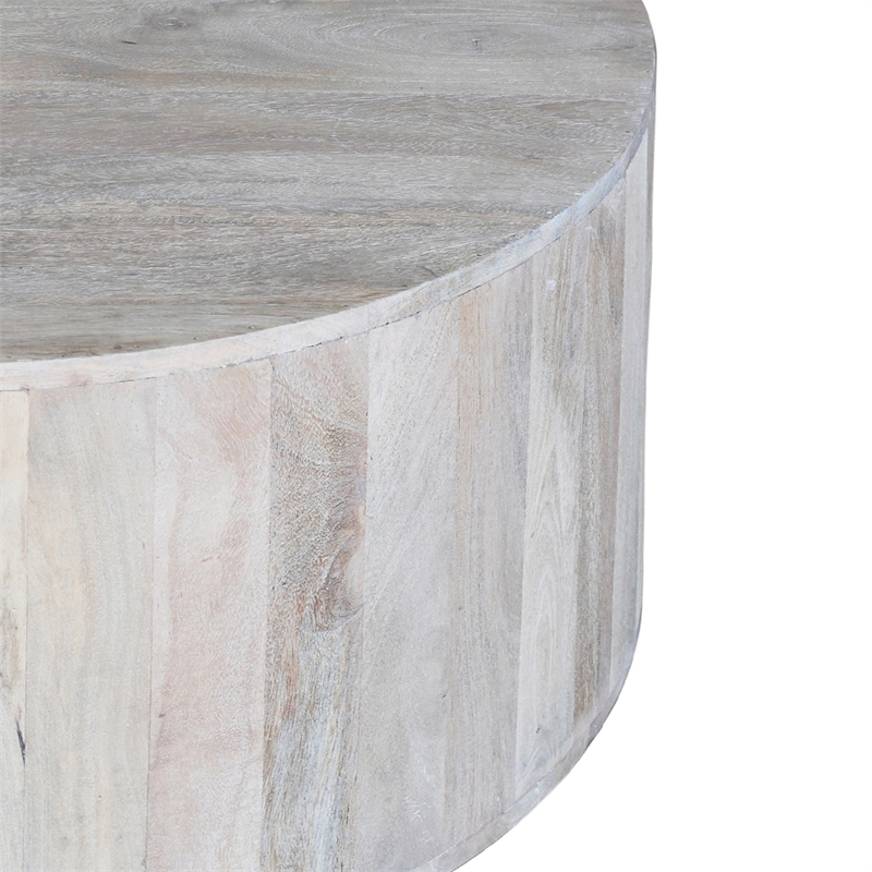 36 Inch Coffee Table- Handcrafted Drum Shape- Washed White Mango Wood