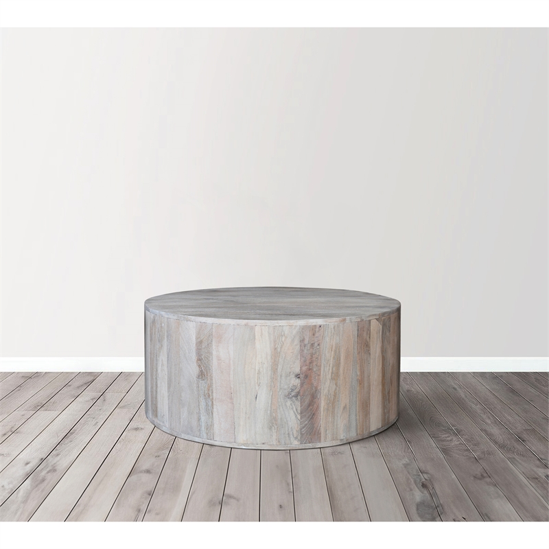 36 Inch Coffee Table- Handcrafted Drum Shape- Washed White Mango Wood