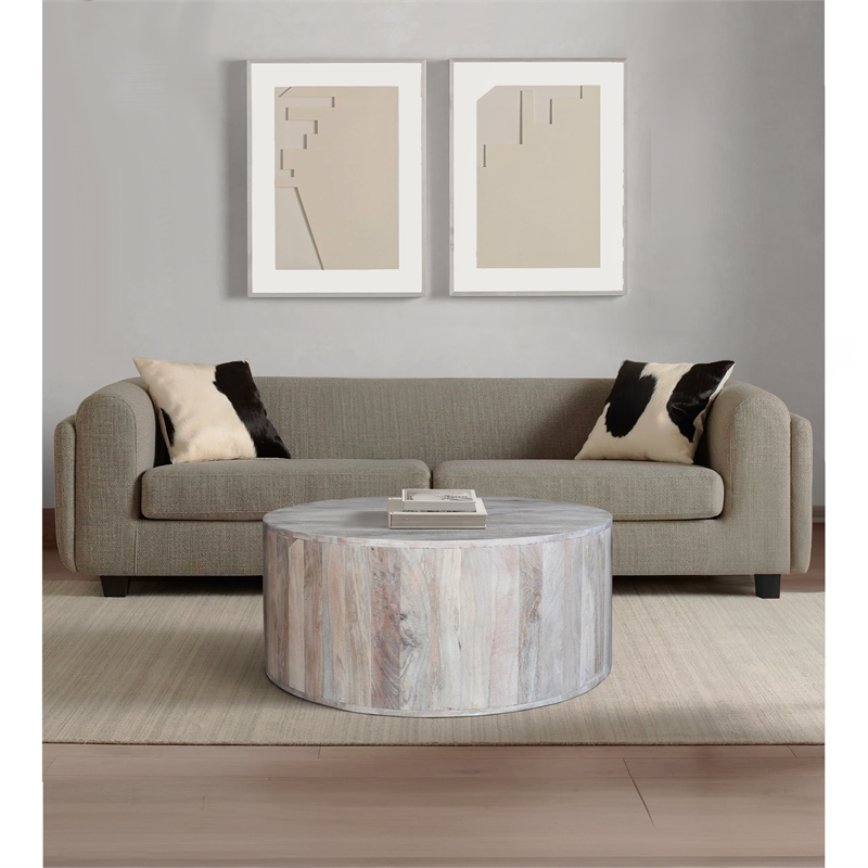 36 Inch Coffee Table- Handcrafted Drum Shape- Washed White Mango Wood