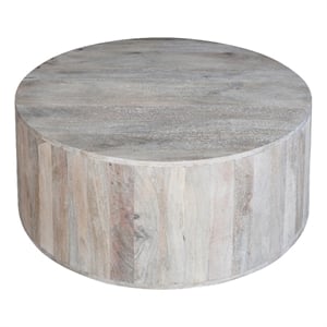 36 Inch Coffee Table- Handcrafted Drum Shape- Washed White Mango Wood