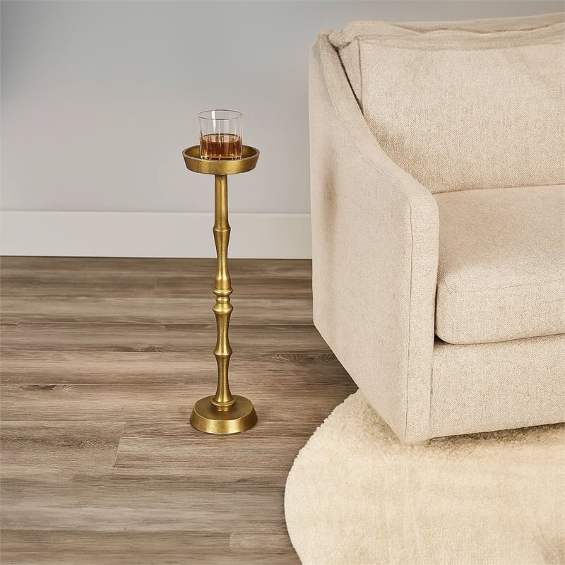 26 Inch Side End Drink Table- Turned Pedestal Metal Base- Round Top- Brass