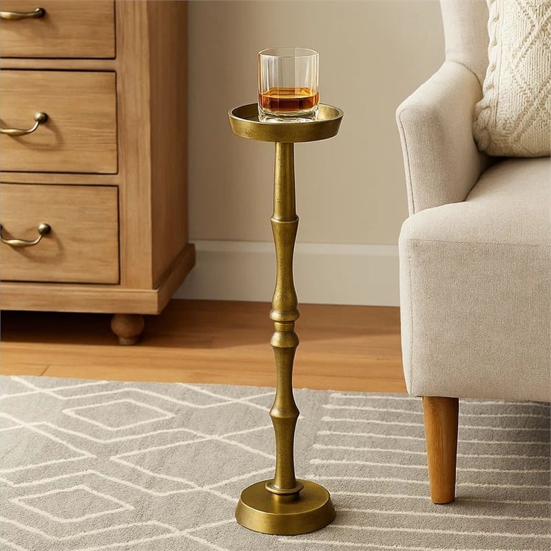 26 Inch Side End Drink Table- Turned Pedestal Metal Base- Round Top- Brass