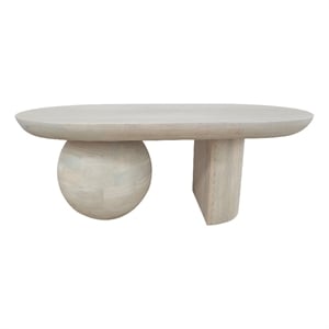 38 Inch Coffee Table- Oblong Mango Wood Top with a Modern Ball Leg- Washed White