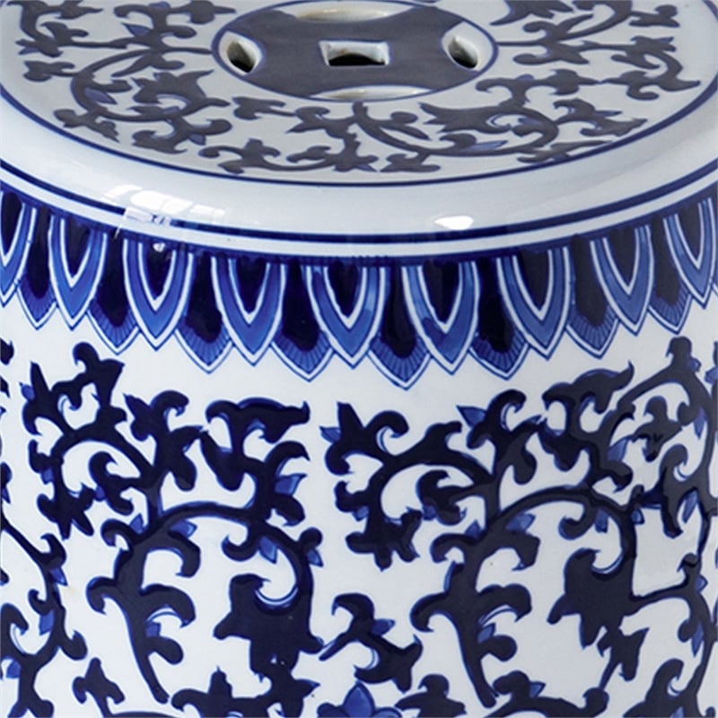 11 Inch Garden Stool- Ceramic Drum Shape- Blue- White Floral Pattern