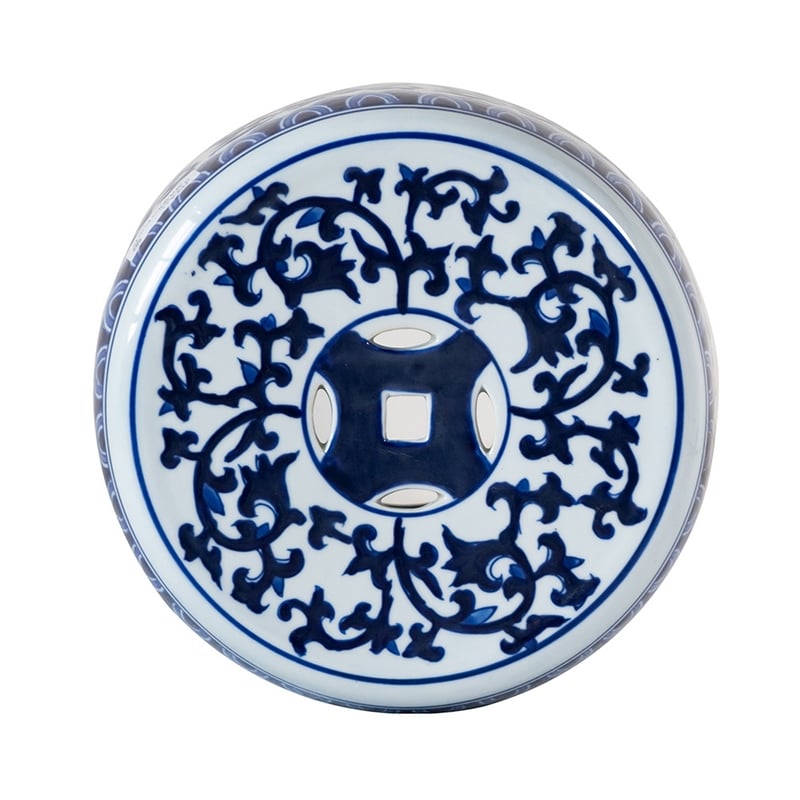 11 Inch Garden Stool- Ceramic Drum Shape- Blue- White Floral Pattern