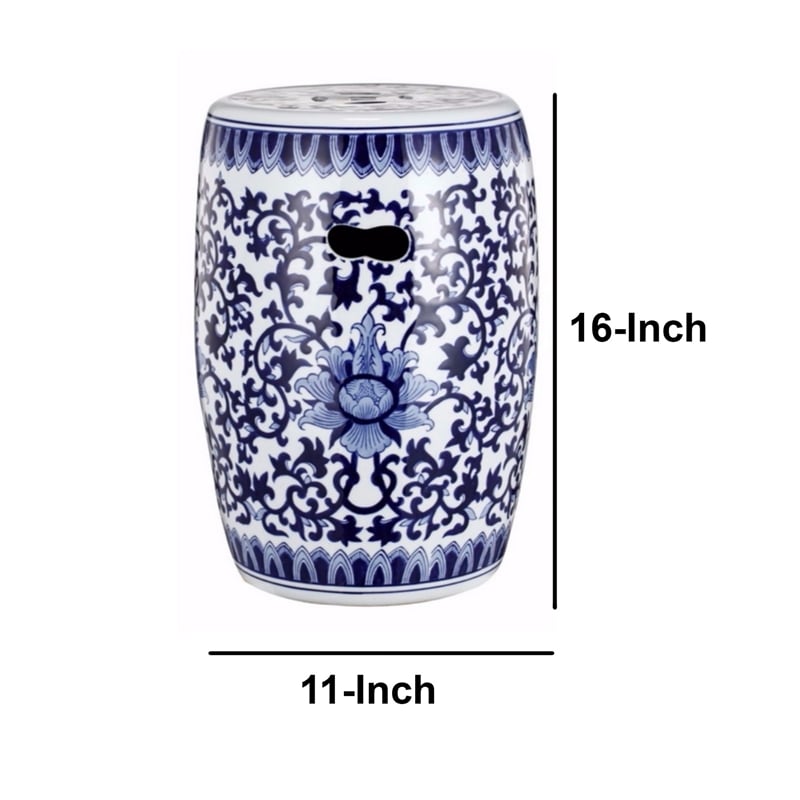 11 Inch Garden Stool- Ceramic Drum Shape- Blue- White Floral Pattern