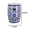 11 Inch Garden Stool- Ceramic Drum Shape- Blue- White Floral Pattern
