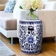 11 Inch Garden Stool- Ceramic Drum Shape- Blue- White Floral Pattern