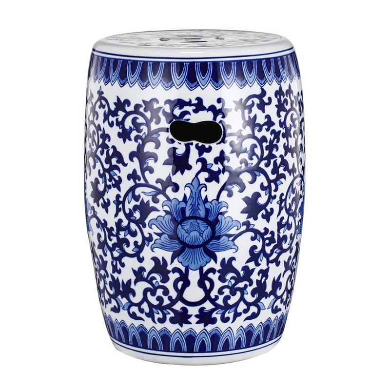 11 Inch Garden Stool- Ceramic Drum Shape- Blue- White Floral Pattern