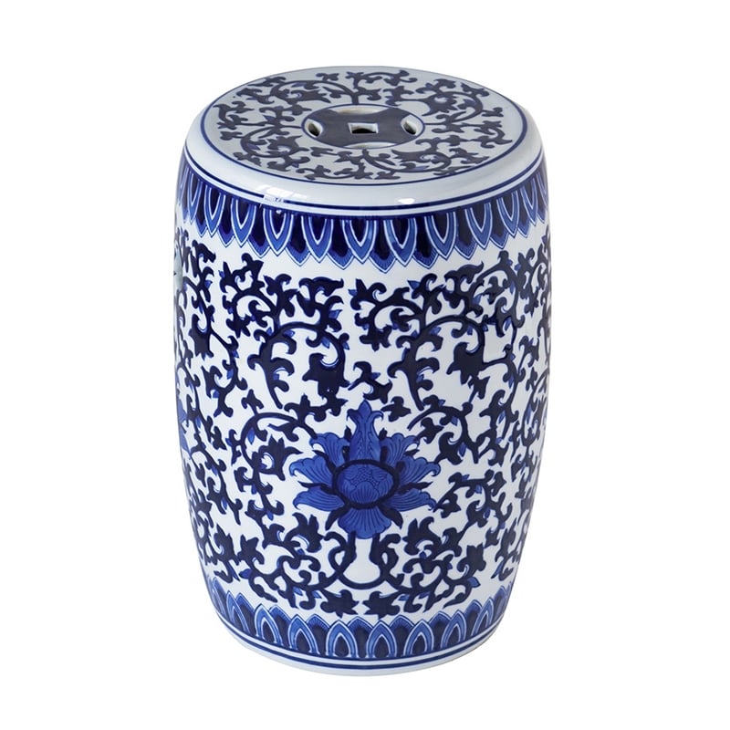 11 Inch Garden Stool- Ceramic Drum Shape- Blue- White Floral Pattern