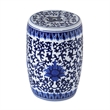 11 Inch Garden Stool- Ceramic Drum Shape- Blue- White Floral Pattern