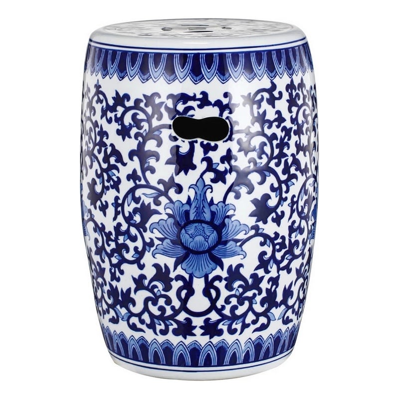 11 Inch Garden Stool- Ceramic Drum Shape- Blue- White Floral Pattern