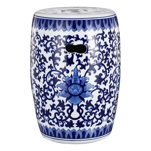 11 Inch Garden Stool- Ceramic Drum Shape- Blue- White Floral Pattern