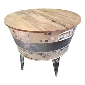 26 inch Accent Round Cocktail Table- Tub Like Iron Base- Brown- Gray- White