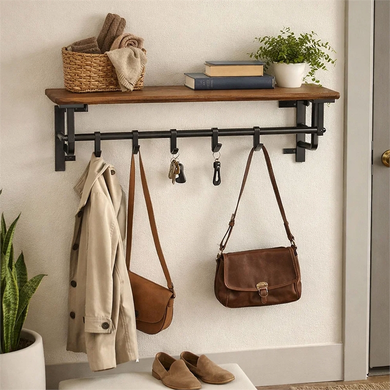 26 Inch Industrial Metal Frame Wall Mount Coat Rack- 5 Hooks- 1 Shelf- Brown